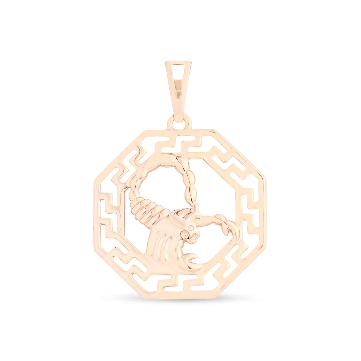 Scorpio pendant with a curled tail and sting in a gold-plated octagonal frame