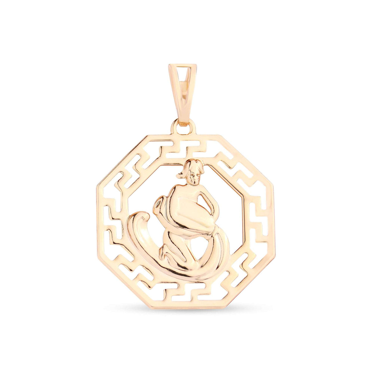 Octagonal zodiac pendant with an Aquarius figure and amphora, warm gold-tone plating