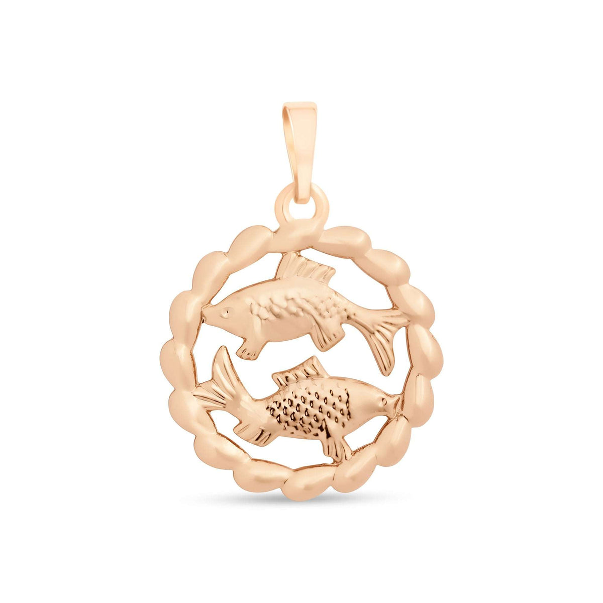 Pisces pendant with two fish swimming in opposite directions in a braided circle