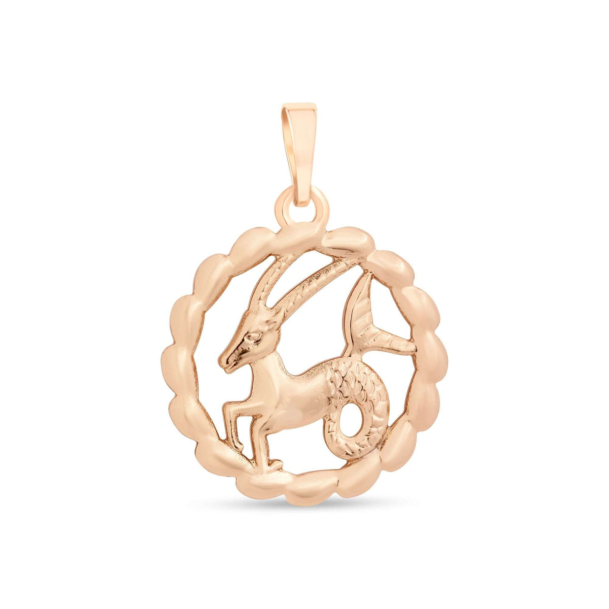 Capricorn pendant with a scaly-tailed figure in a twisted circle, gold-tone