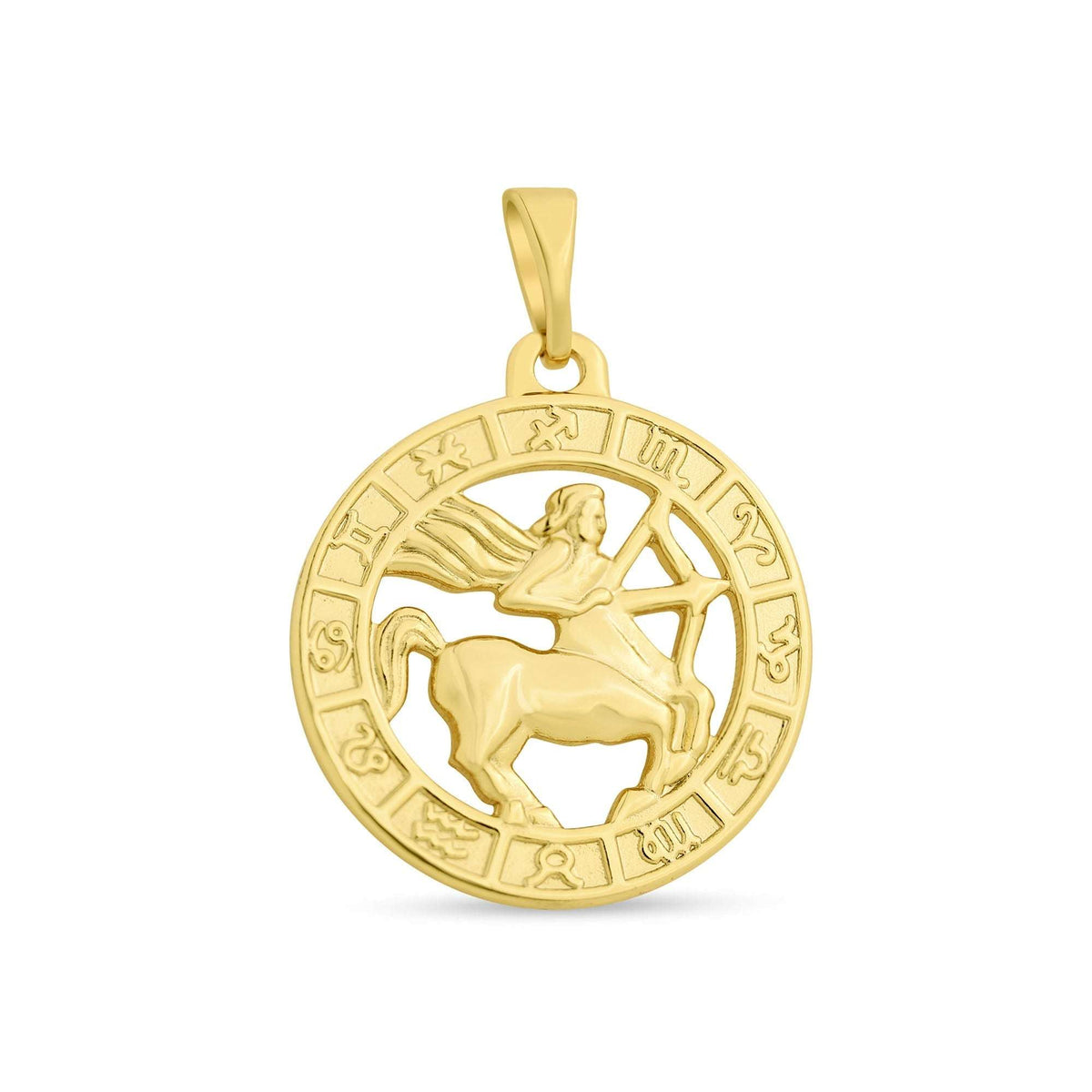 Gold-plated pendant with the Sagittarius centaur and bow, zodiac symbols around it