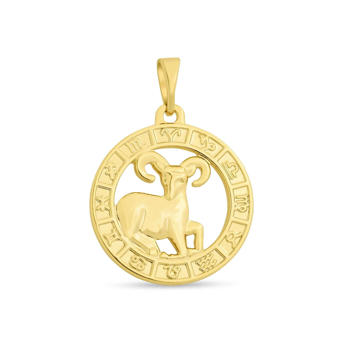 Bright gold-plated pendant with a ram in relief and a zodiac symbol border