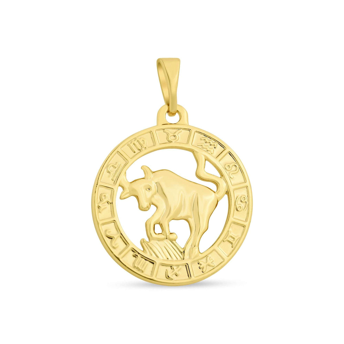 Gold-plated pendant with a bull in an openwork circle ringed by twelve zodiac signs