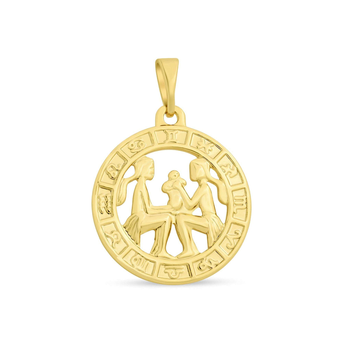 Round gold-plated pendant with Gemini figures and a border of zodiac symbols