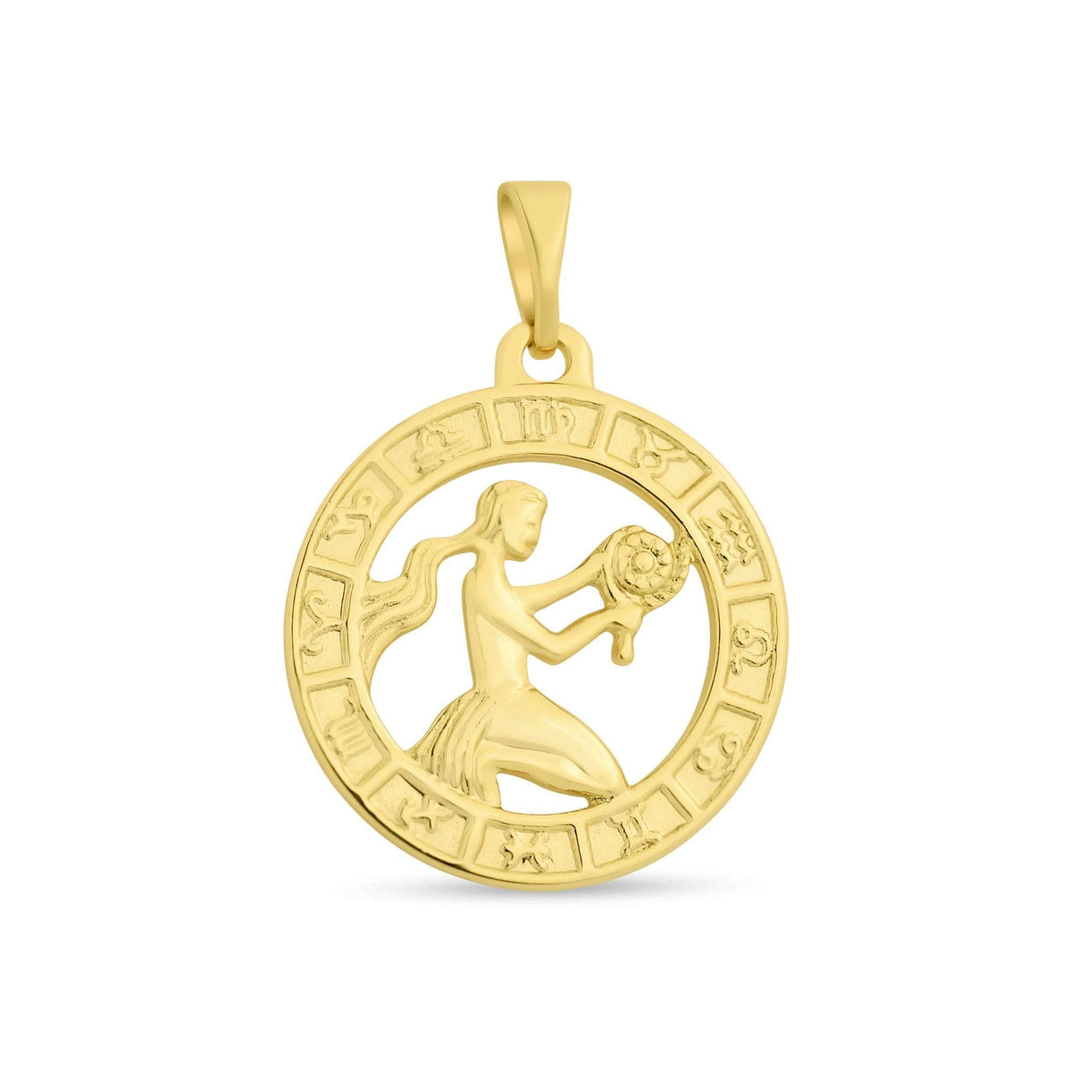 Zodiac pendant with a Virgo female figure in an openwork circle, shiny gold plating
