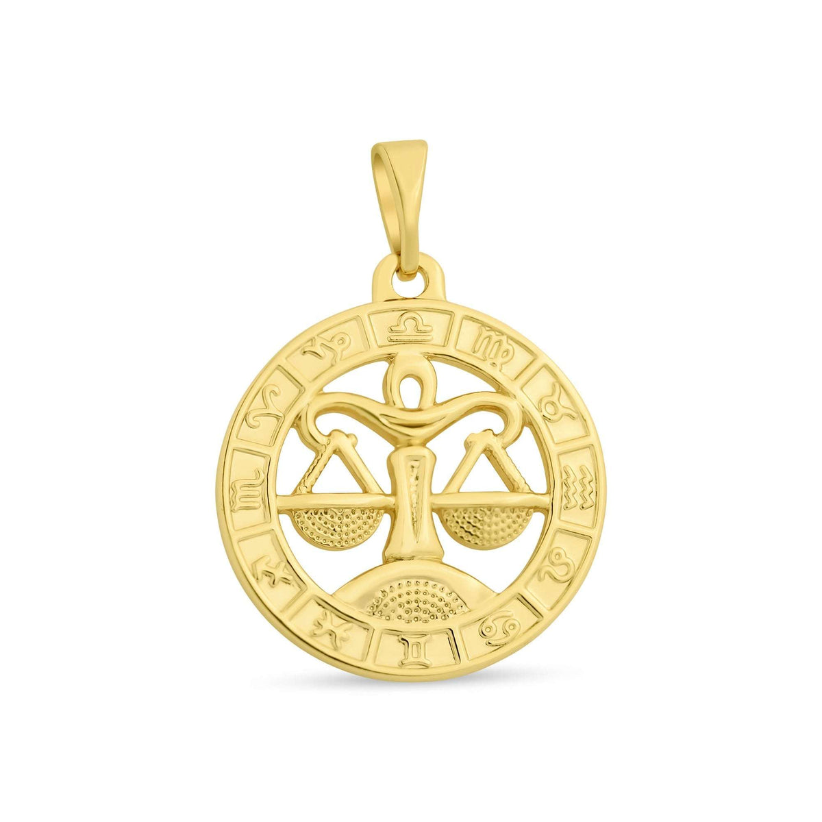 Round gold-plated pendant with Libra scales and twelve zodiac symbols around the edge