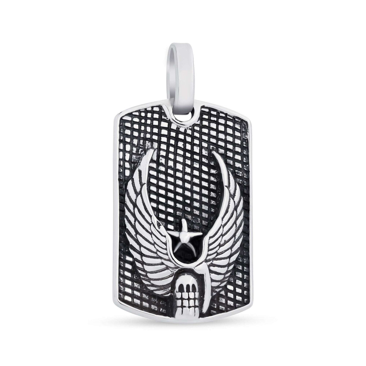 Steel military tag pendant with wings, a skull and a star