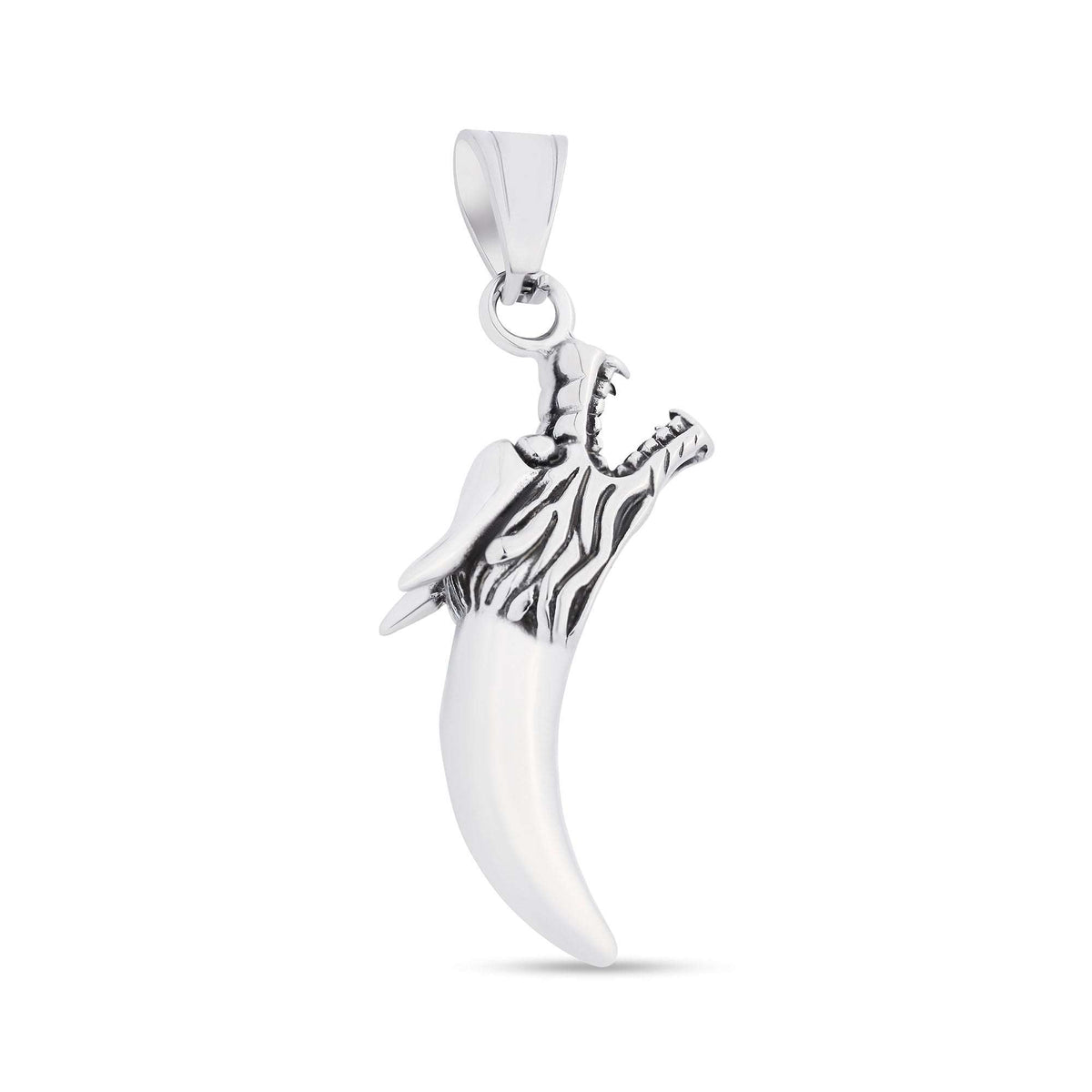 Wolf head and fang pendant in shiny polished steel