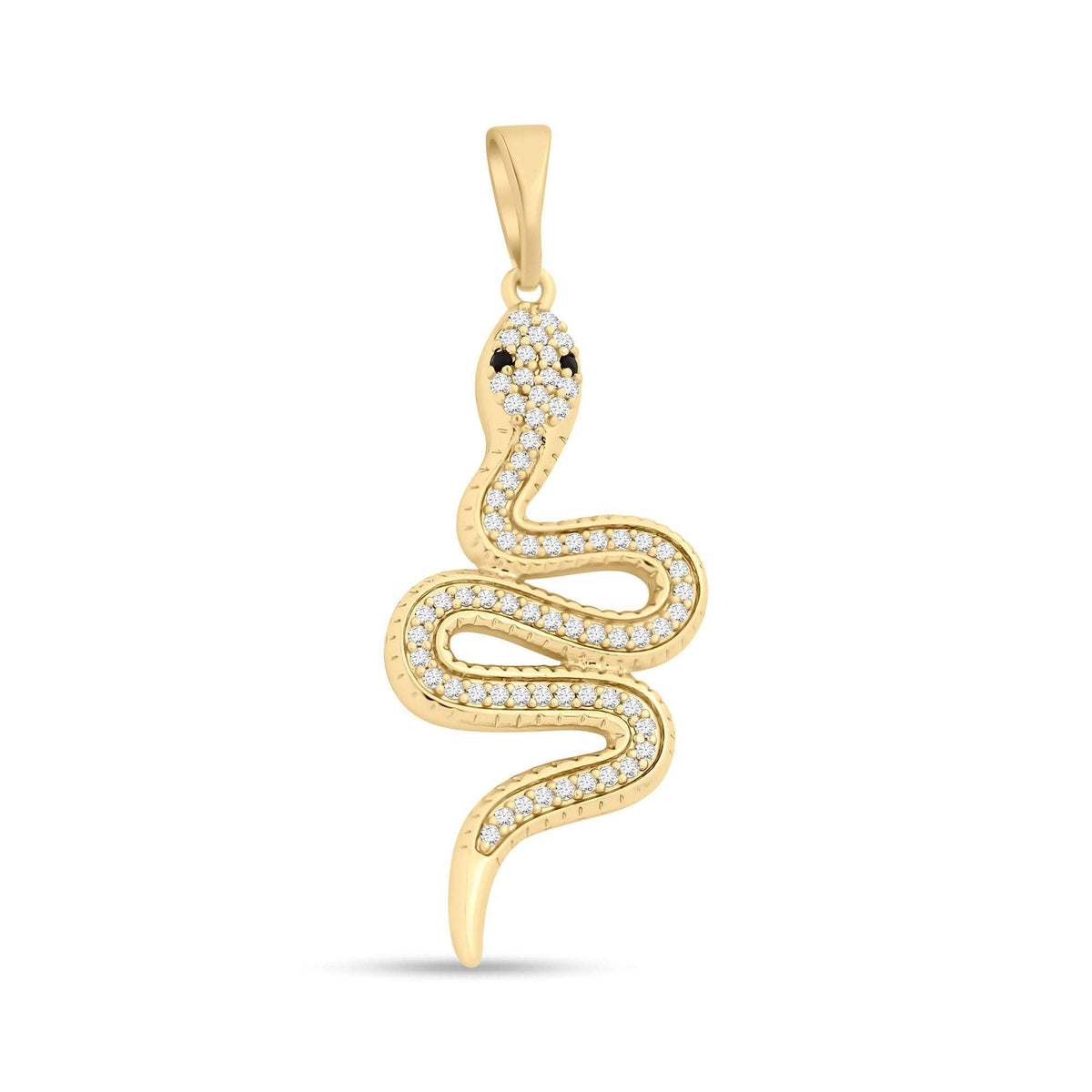 Gold-tone snake pendant covered in white cubic zirconia, with black eyes