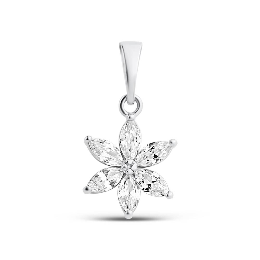 Flower pendant with six marquise cubic zirconia, platinum-plated, on white