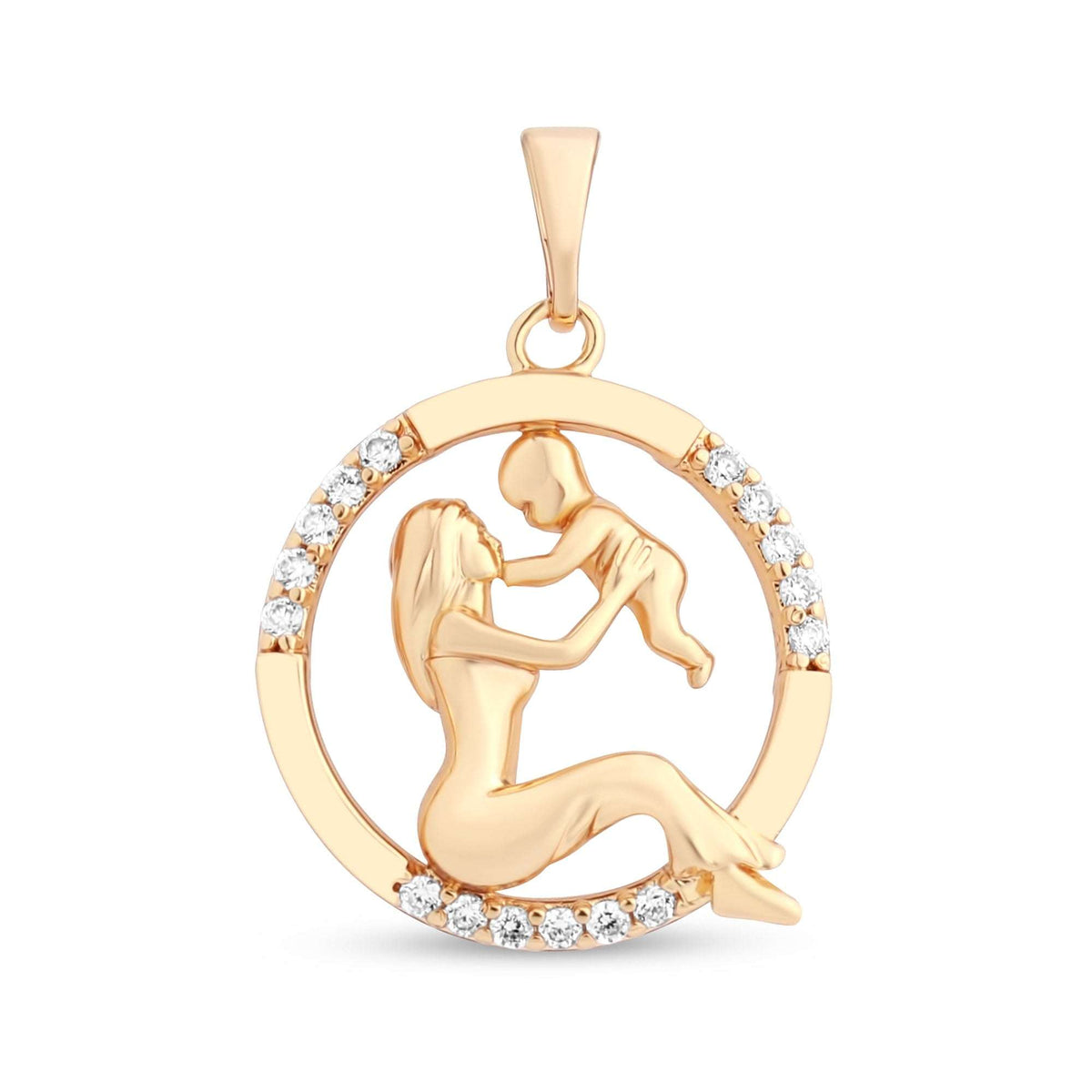 Gold-plated round pendant with a mother and child silhouette, edge set with cubic zirconia