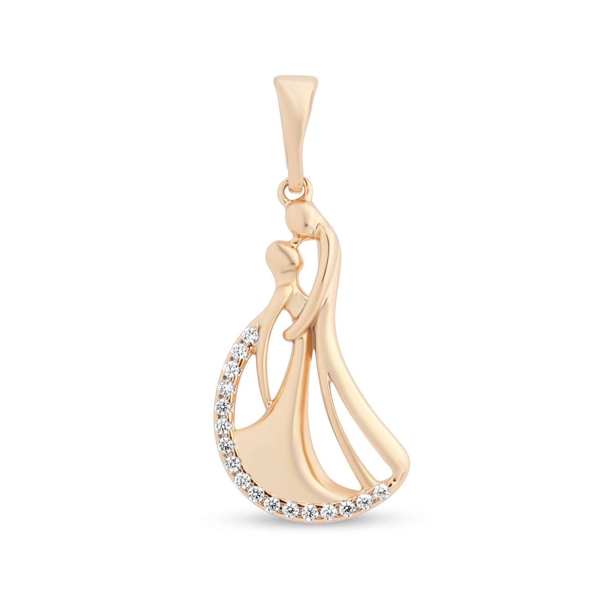 Gold-plated pendant with a dancing couple embracing above a row of clear cubic zirconia