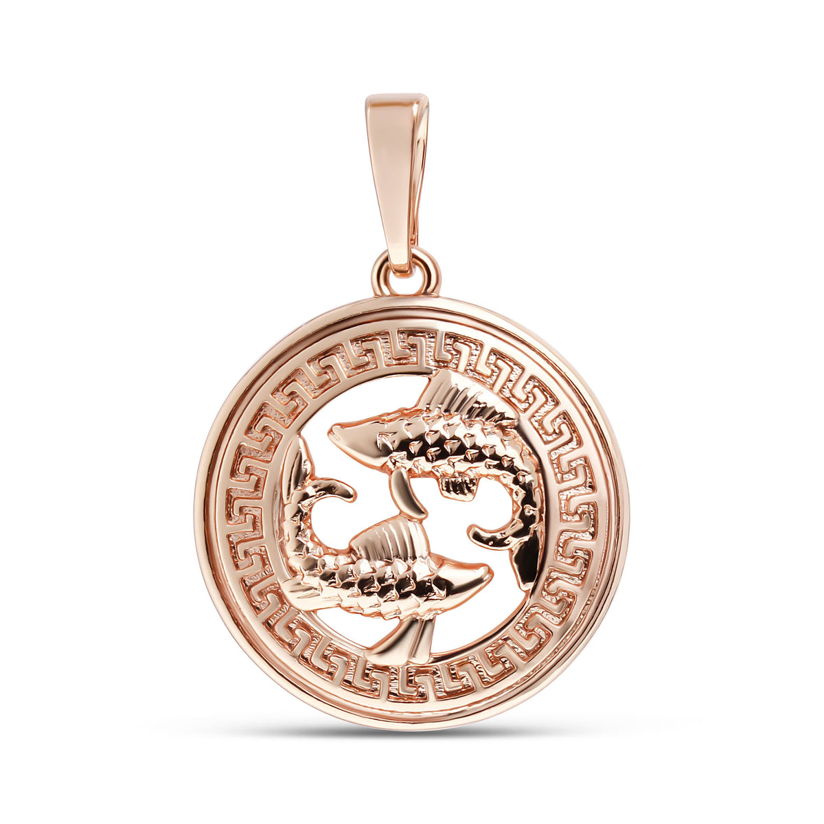 Gold-plated pendant with two scaly Pisces fish in a round Greek key frame