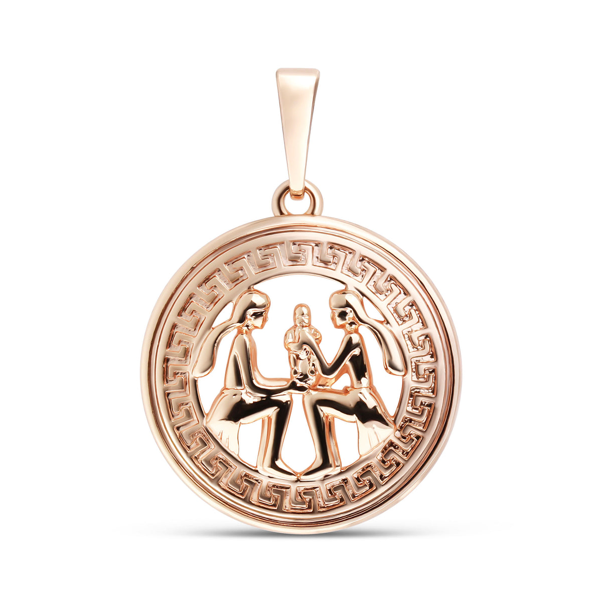 Gold-tone pendant with the Gemini twins in relief, Greek key circle