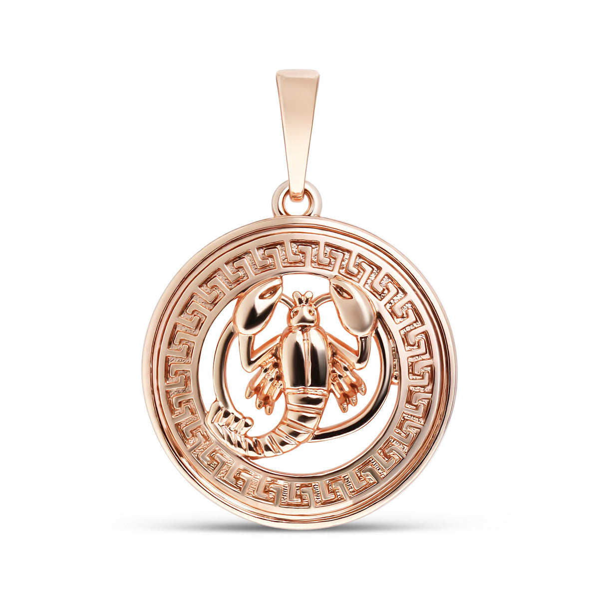 Round gold-plated pendant with a detailed Cancer crab in a Greek key frame