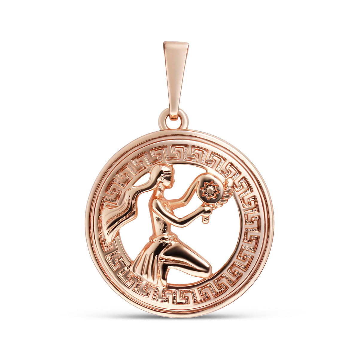 Gold-plated pendant with the Virgo maiden and a flower, openwork Greek key frame