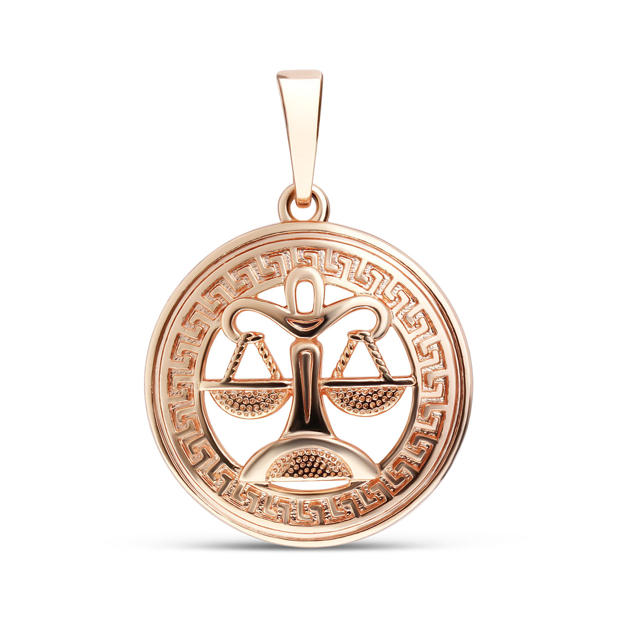 Round gold-plated pendant with the Libra symbol in a Greek key border