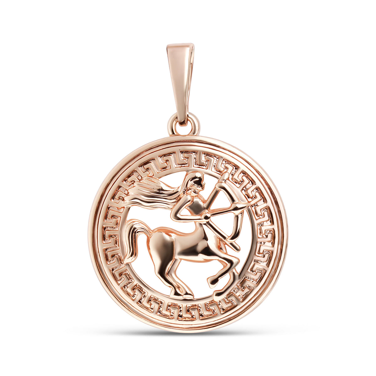 Pendant with the Sagittarius centaur cut out in a Greek key ring
