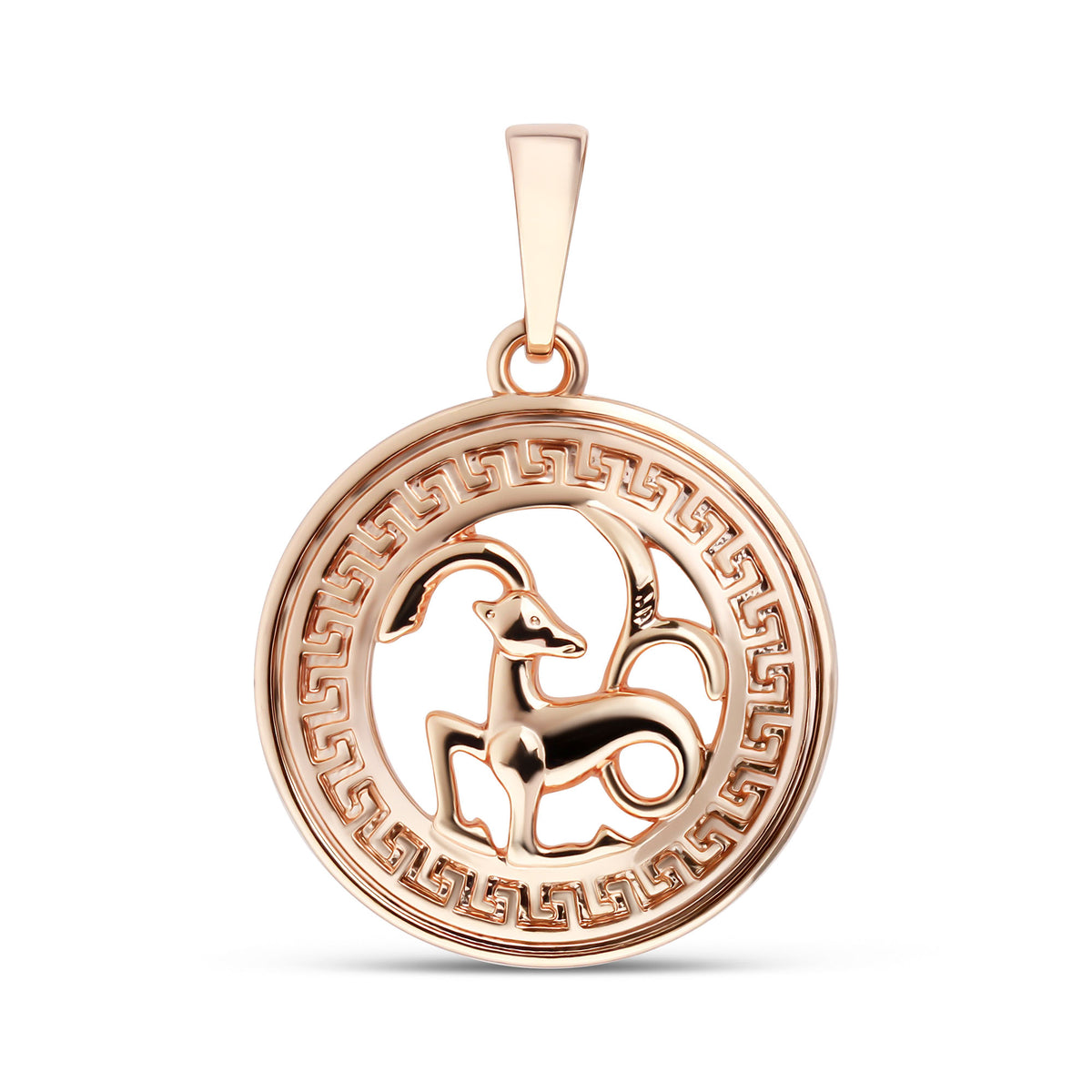 Round gold-plated pendant with the Capricorn symbol in a pierced Greek key frame