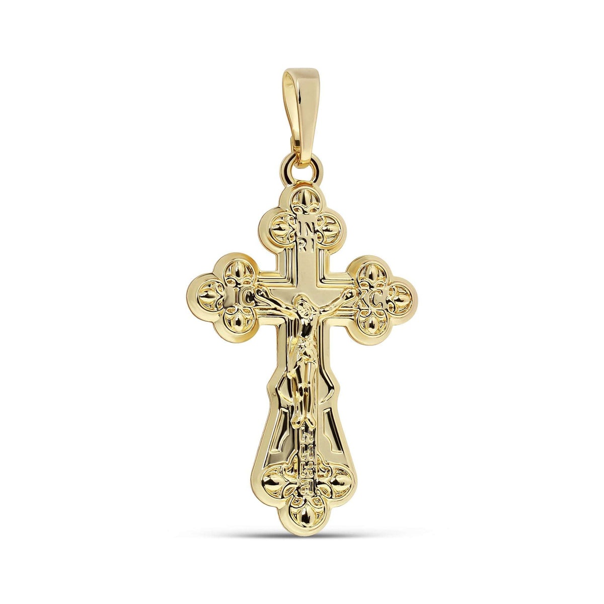 Orthodox cross pendant with the figure of Jesus on a white background