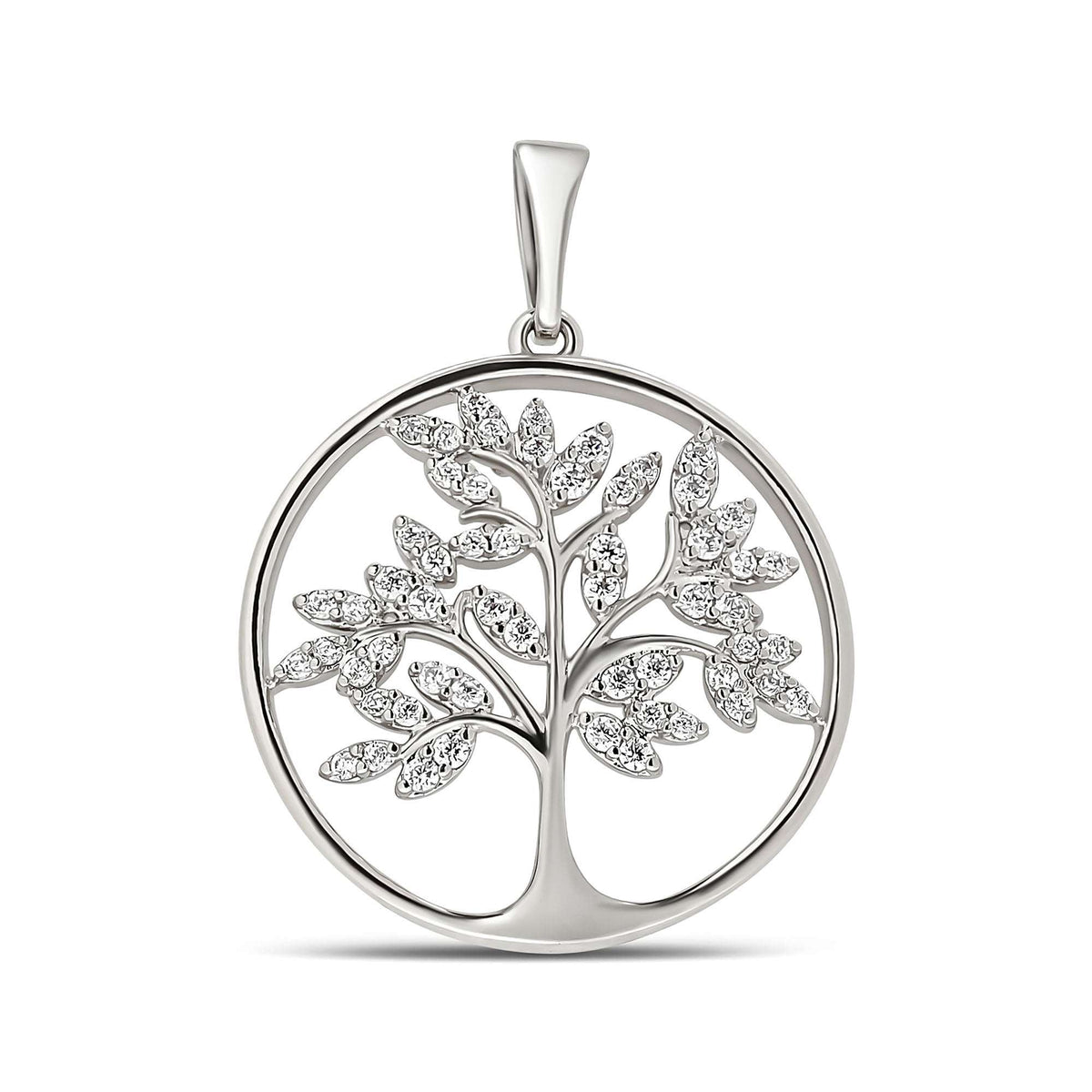 Round Tree of Life pendant with cubic zirconia leaves and platinum plating