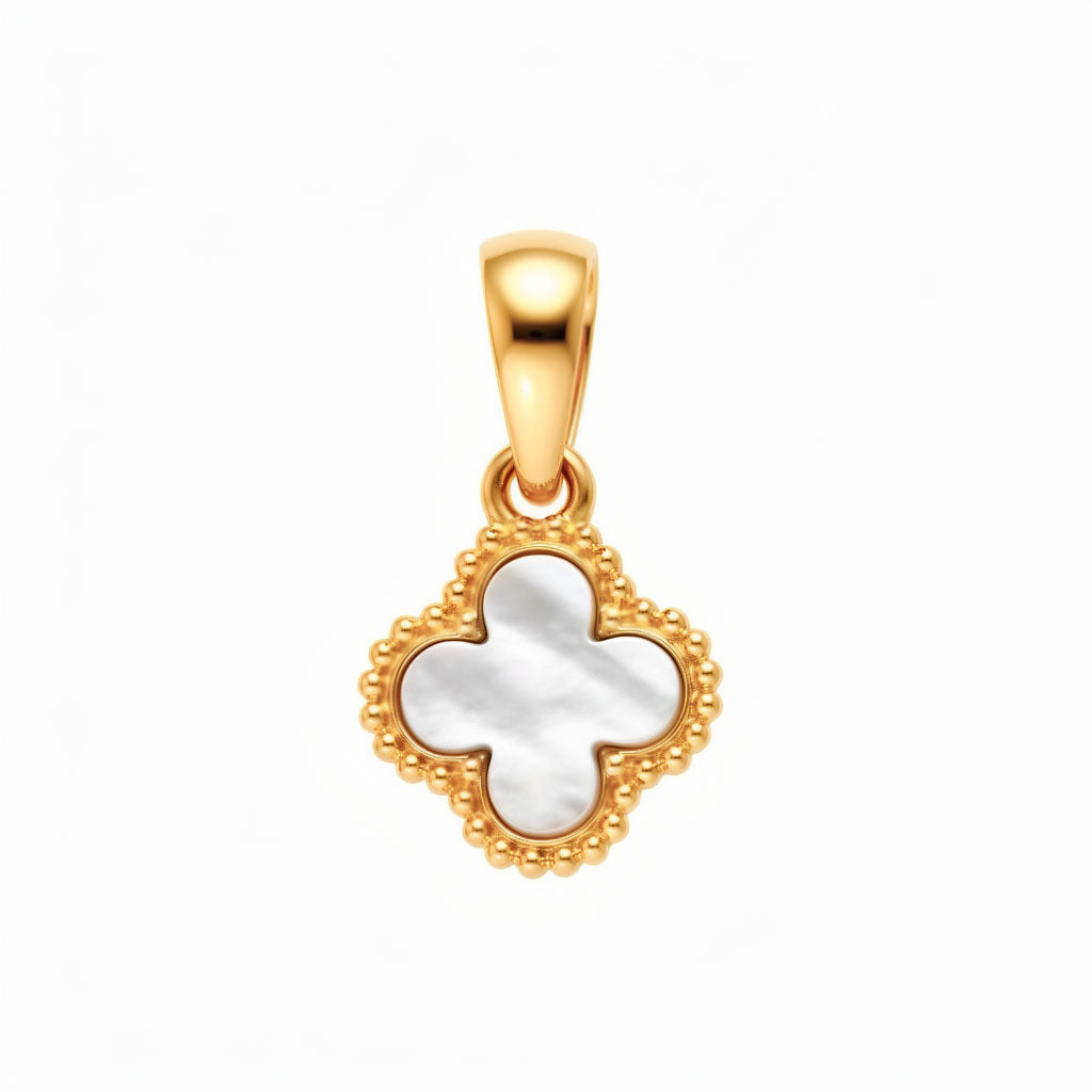 Small gold-plated four-leaf clover pendant with pearly white inlay and beaded edge