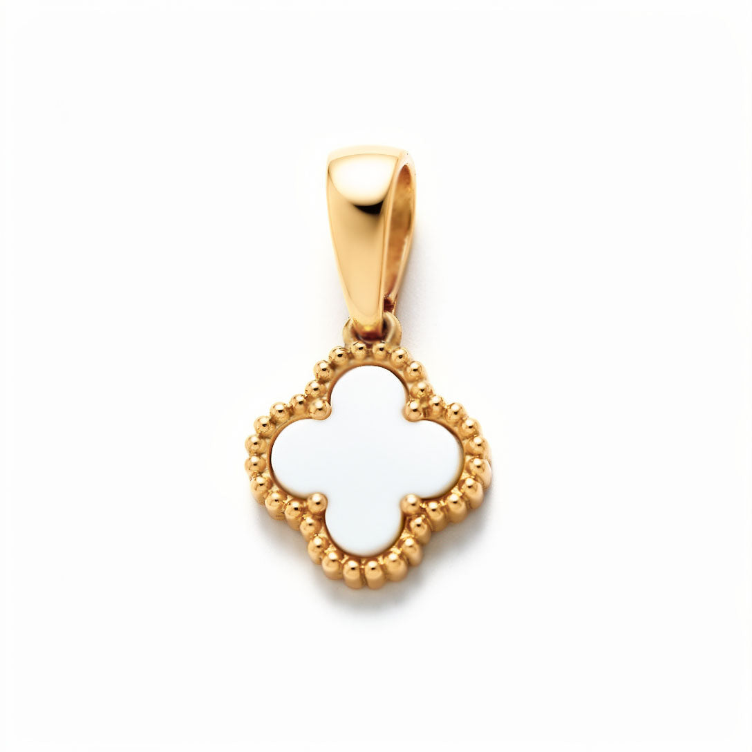 Four-leaf clover pendant with white inlay and a gold-plated beaded edge