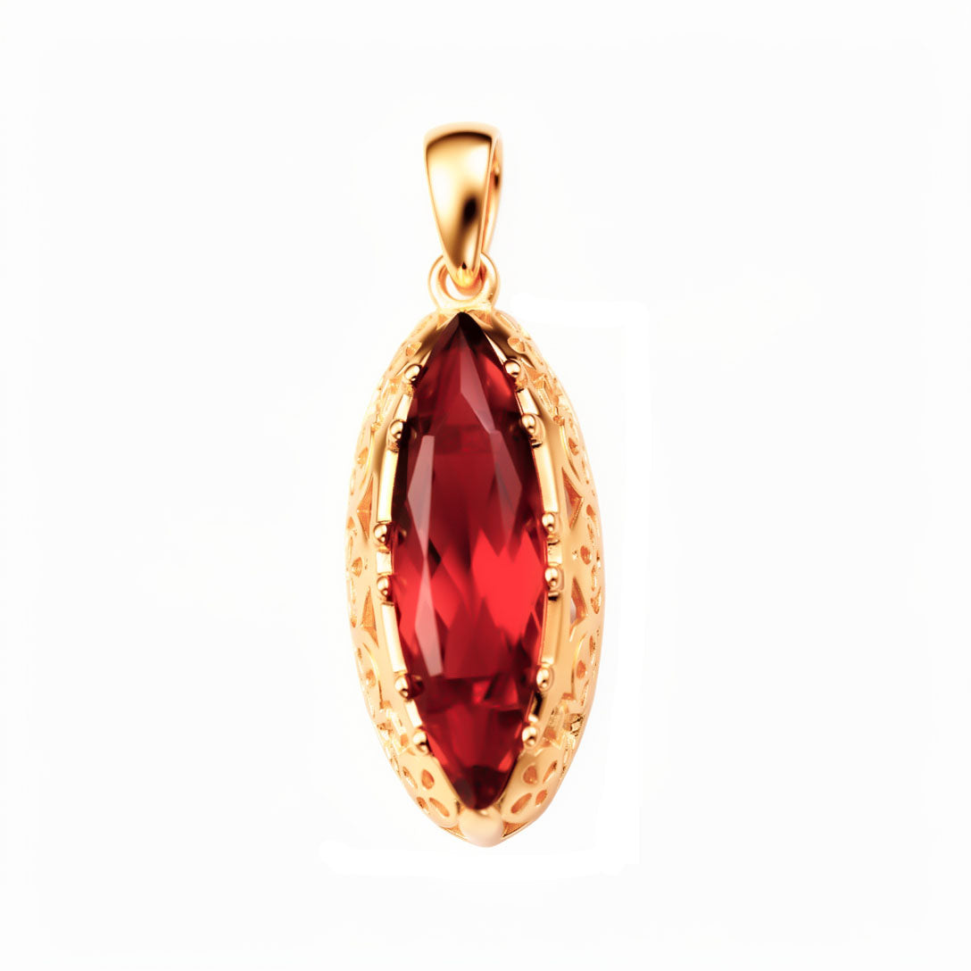 Red marquise cubic zirconia pendant in a patterned gold-plated frame