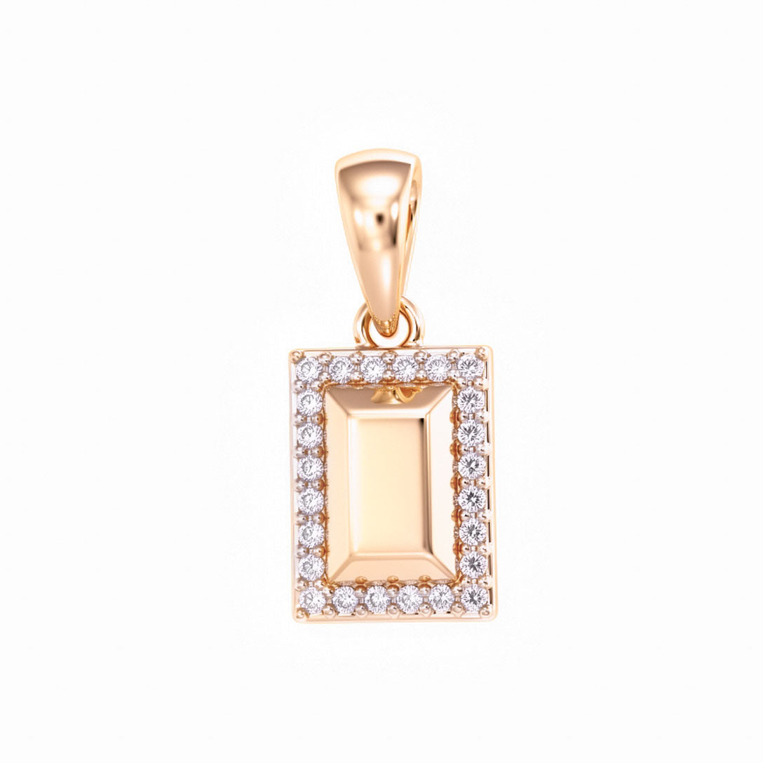 Rectangular pendant with a golden centre and a white cubic zirconia frame