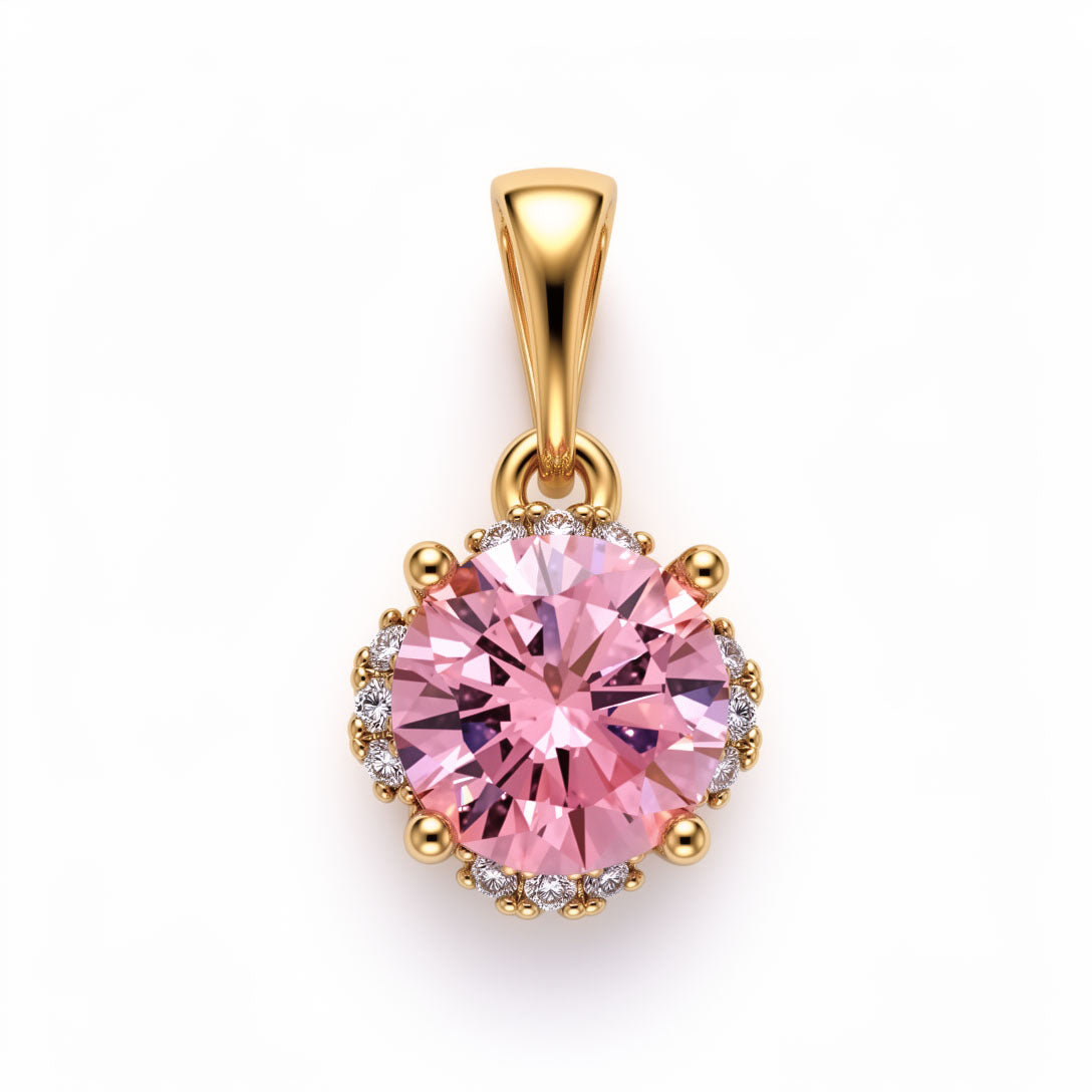Round pink cubic zirconia pendant with a white stone halo, 18K gold plating
