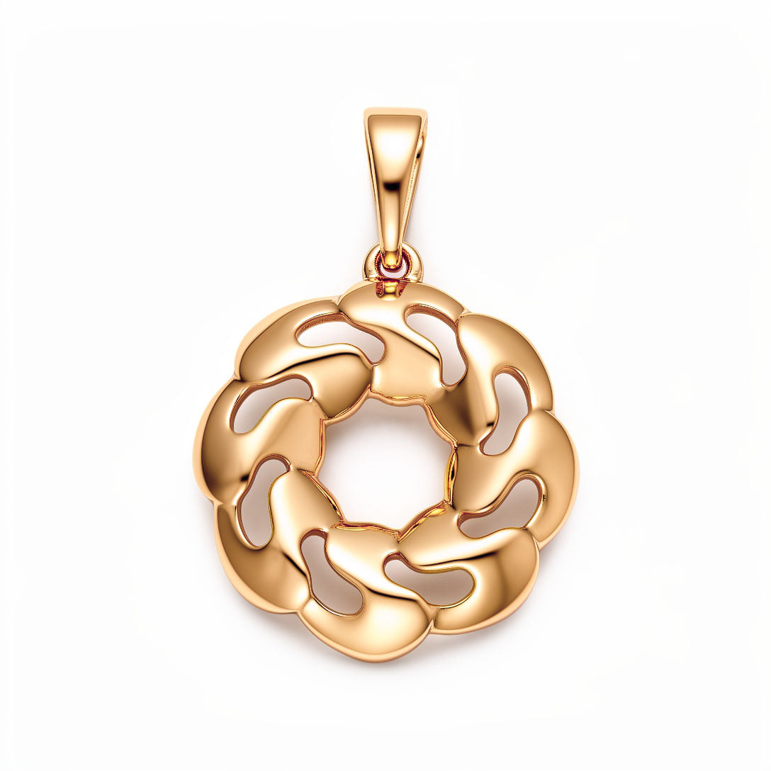 Round gold-plated pendant with a flowing openwork pattern on a white background