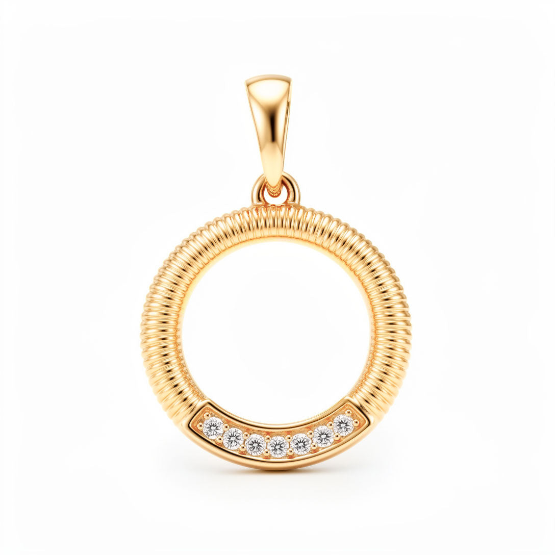 Round open pendant with a ribbed gold-plated arc and white cubic zirconia
