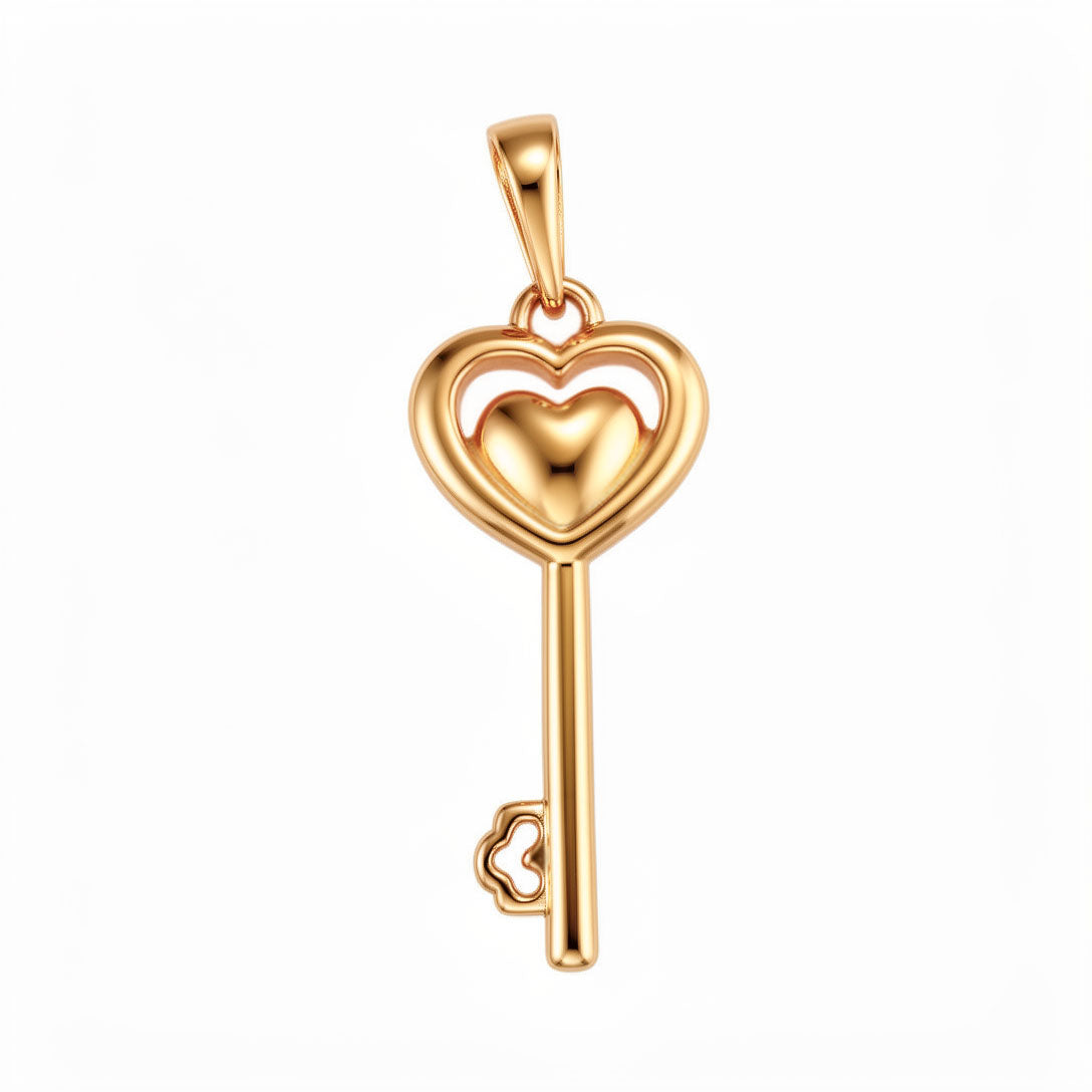 Gold-plated key pendant with a heart outline and a small domed heart