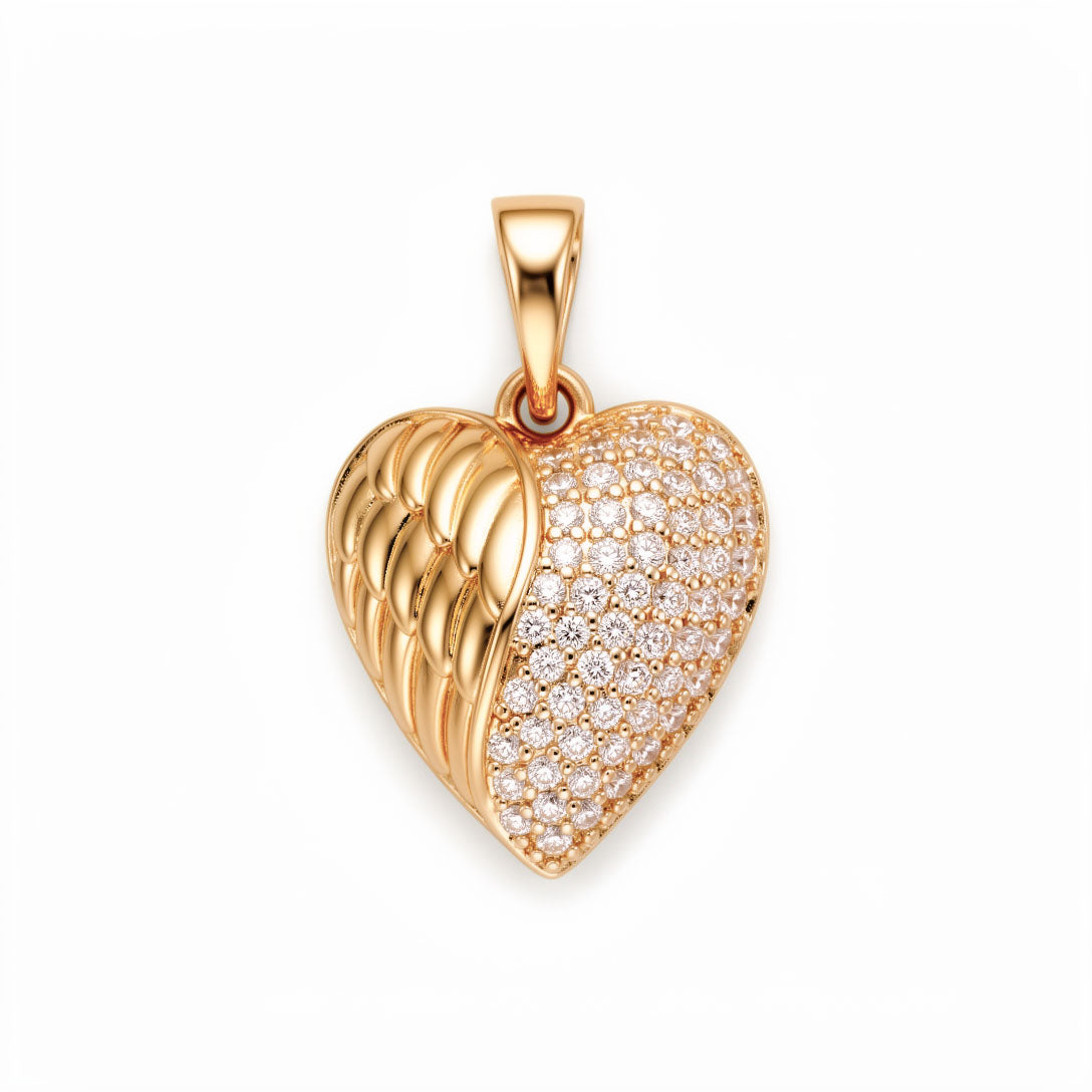 Domed heart pendant, one half an angel wing, the other white cubic zirconia
