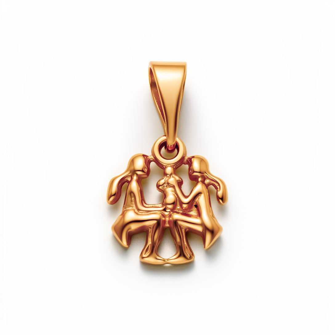 Gemini pendant with two symmetrical figures and a bail, gold-plated, on a white background
