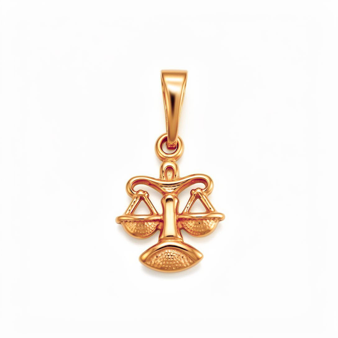 Libra pendant with two engraved scale pans on a curved stand, gold-plated