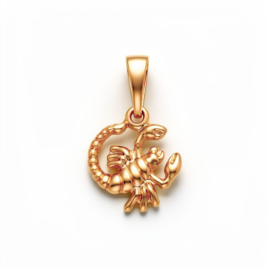 Scorpio pendant with a raised curled tail and claws, shiny gold plating