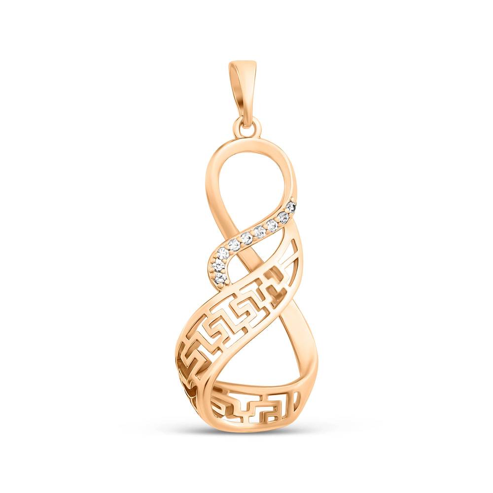 Gold-plated infinity pendant with Greek key openwork and a clear cubic zirconia band