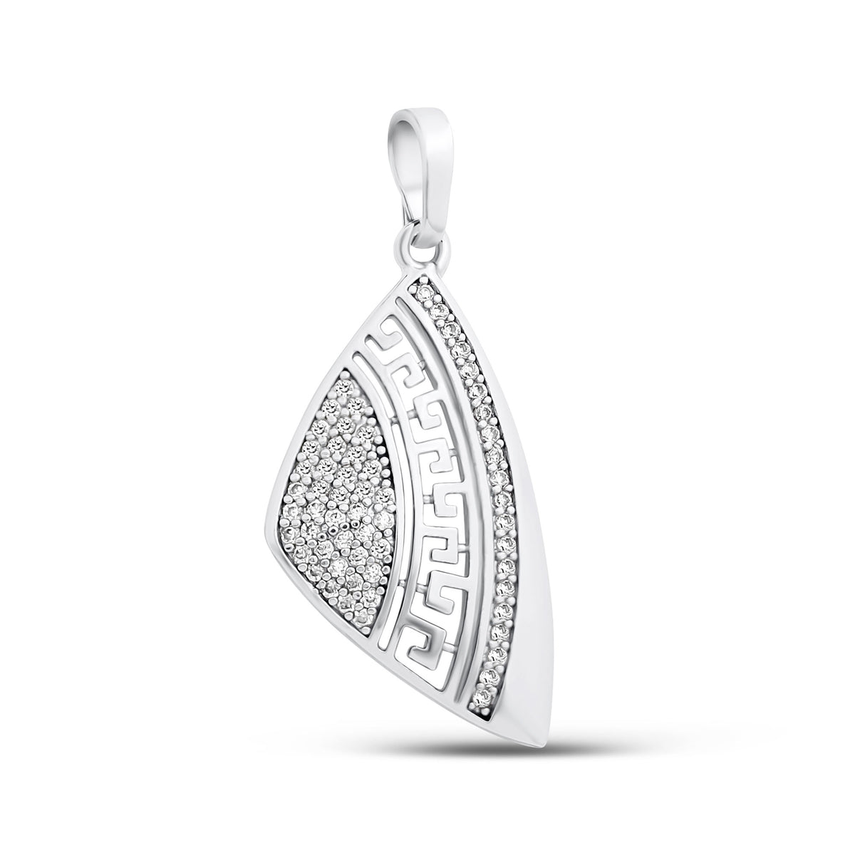 Asymmetric pendant with Greek key ornament, pavé cubic zirconia, platinum-plated, on white