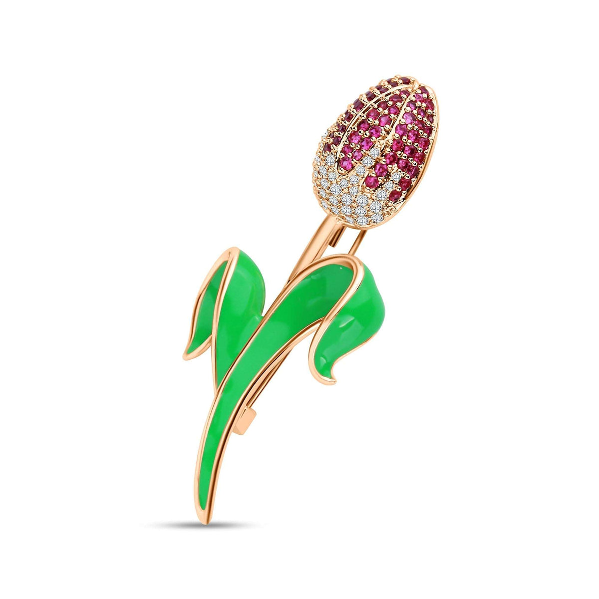 Gold-tone tulip brooch with pink and white cubic zirconia and green enamel leaves