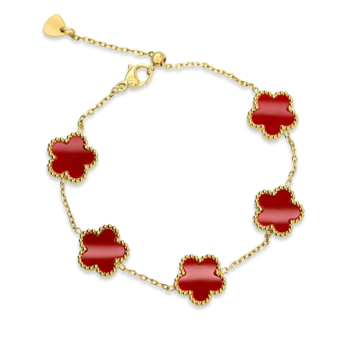 Gold-plated chain bracelet with five red flowers and a heart charm
