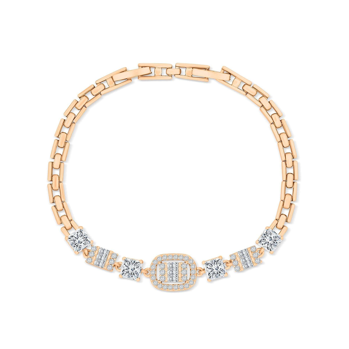 Gold-plated link bracelet with square cubic zirconia and a sparkling centre, white background