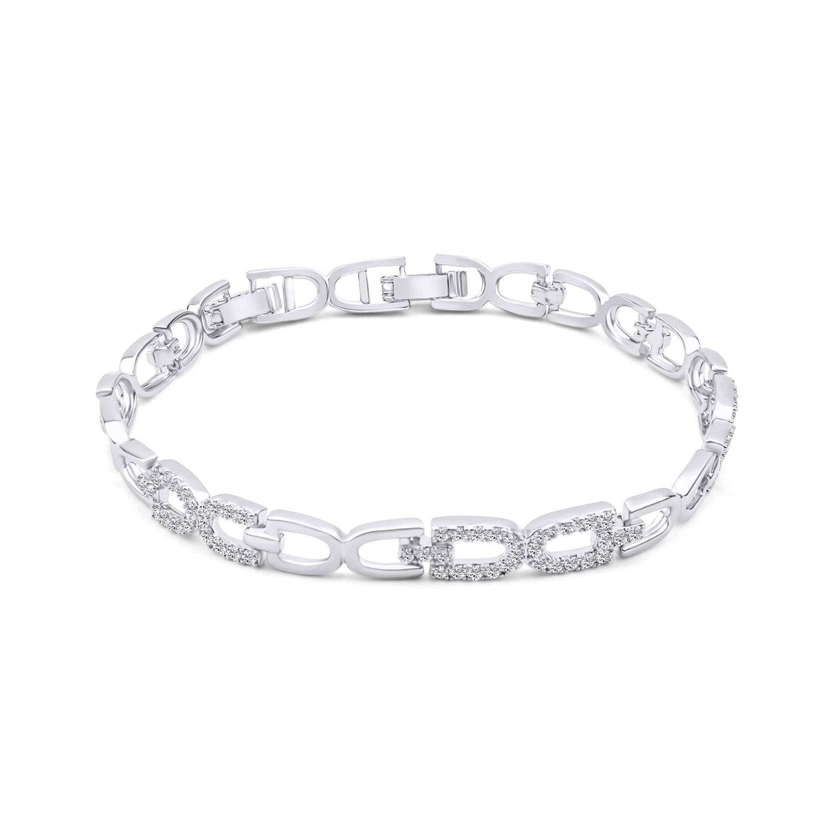 Silver-tone chain bracelet with rectangular links, crystals and a flat clasp