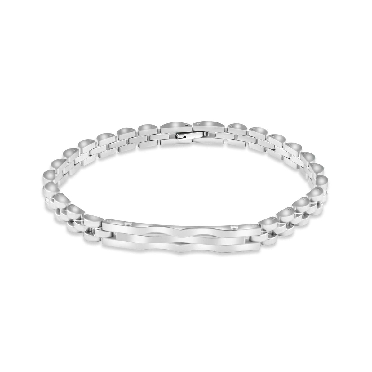 Men's silver-tone link bracelet in shiny medical steel with a secure clasp