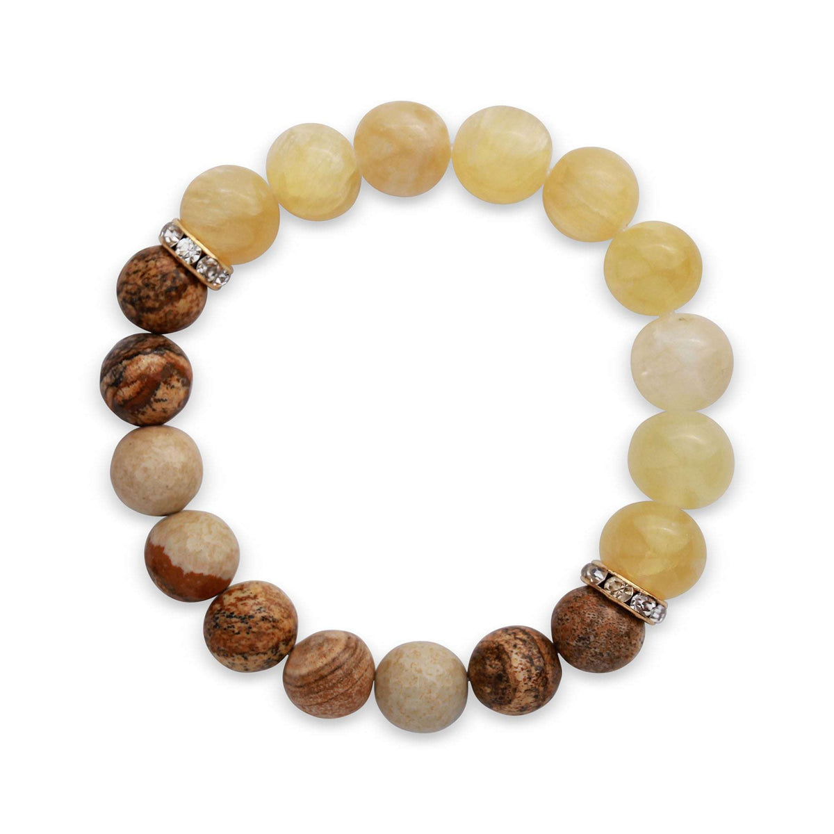 Stretch bracelet with yellow selenite and brown jasper beads and crystal spacers