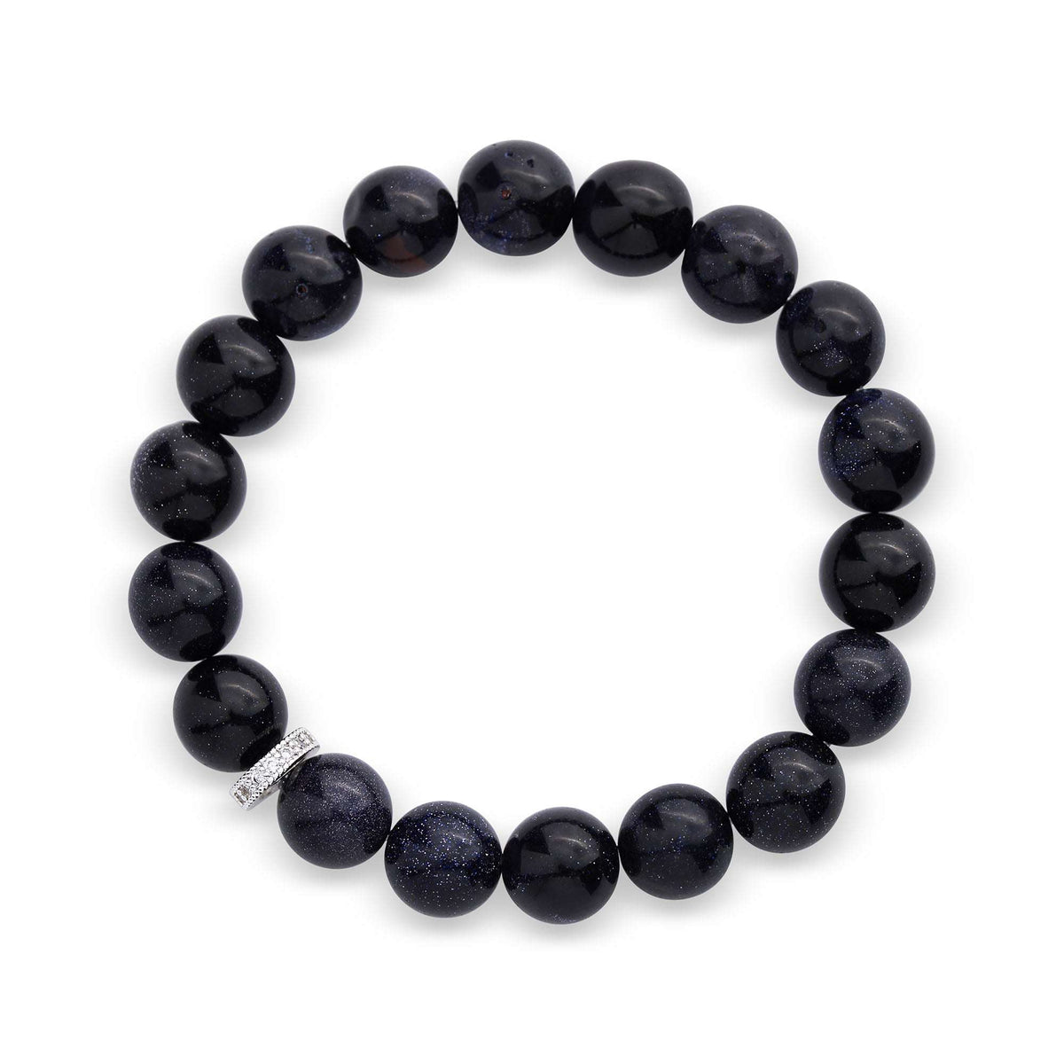 Bracelet of dark blue goldstone beads with a sparkling cubic zirconia spacer