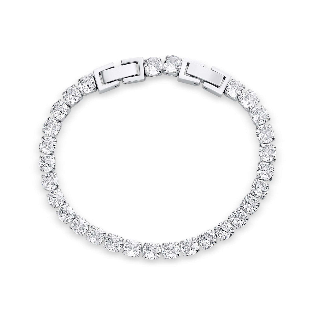 Silver-tone tennis bracelet with a row of clear stones and a box clasp