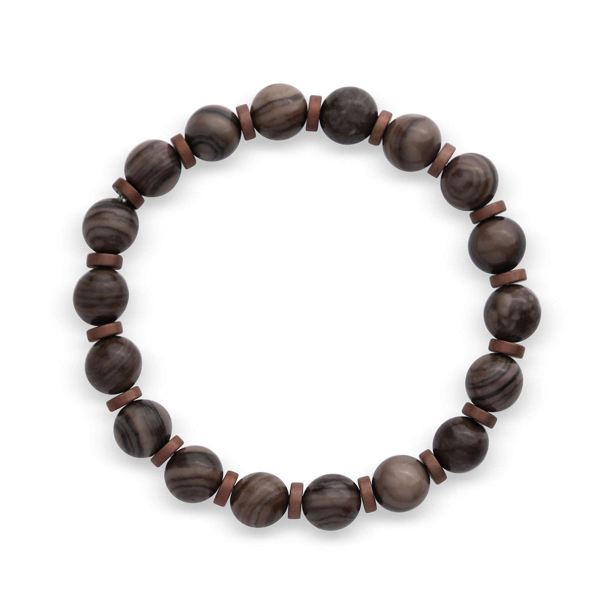 Stretch jasper bracelet with grey-brown striped beads and copper-tone spacers
