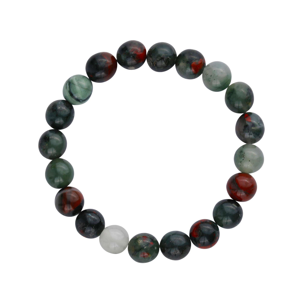 African bloodstone bracelet with dark green beads, red spots and one light bead