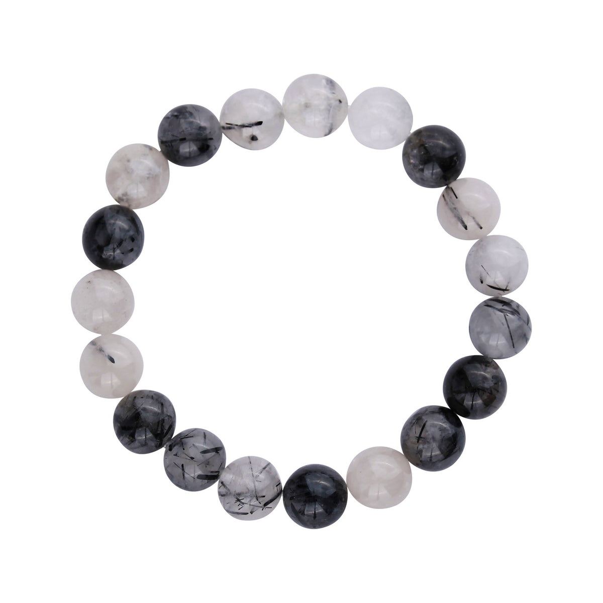 Tourmalinated quartz bracelet, clear beads with black tourmaline streaks inside